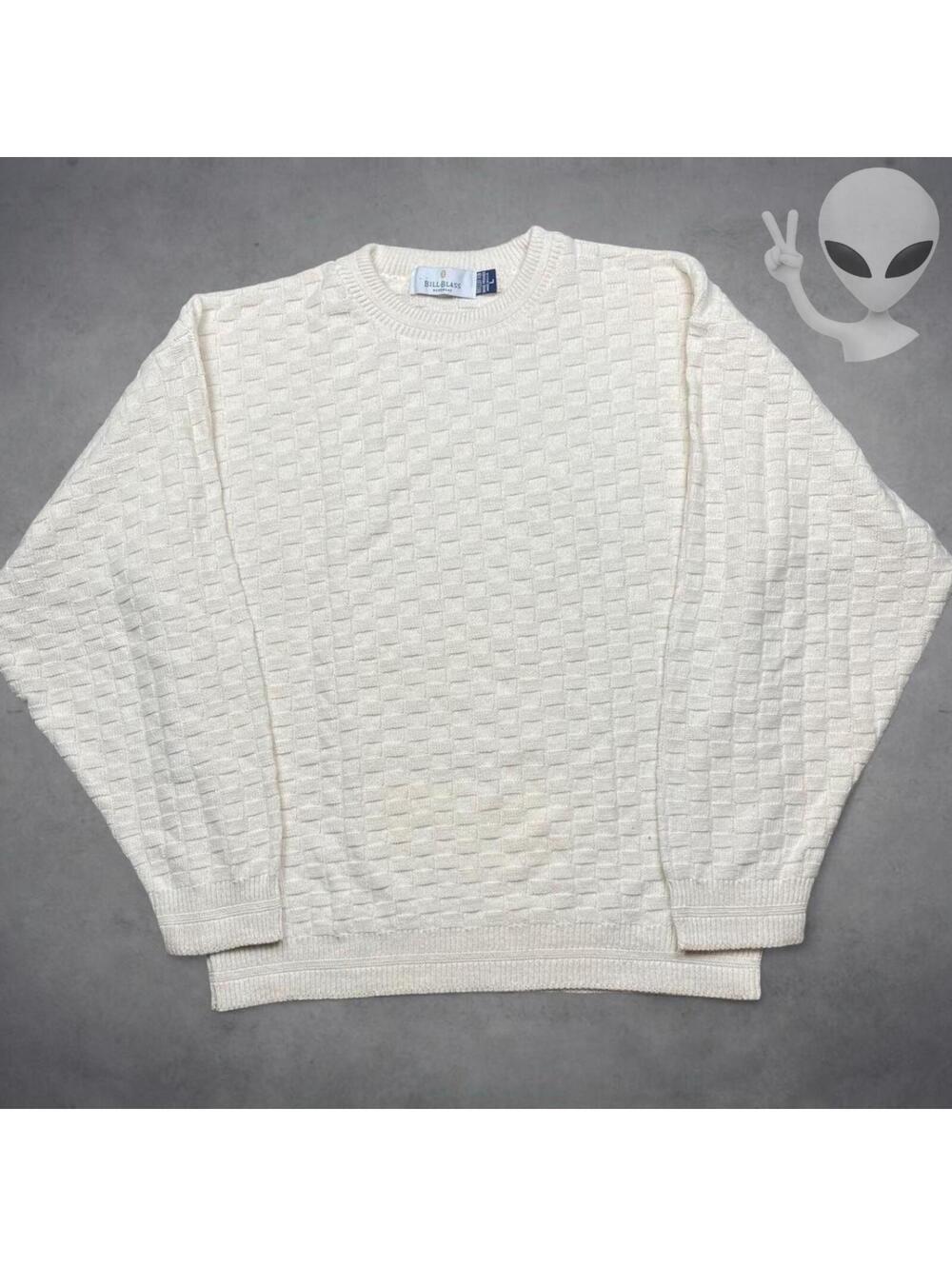 Vintage Bill Blass Mens L Cream Textured Basketweave Cotton Crewneck Sweater